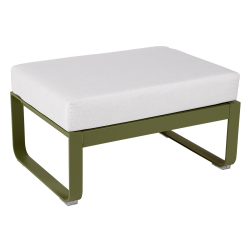 Hocker Bellevie von Fermob mit Polster in Grauweiß und Untergestell in Pesto