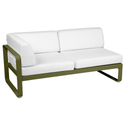 Outdoorsofa Bellevie von Fermob Eckmodul links mit Stoff in Weißgrau und Gestell in pesto