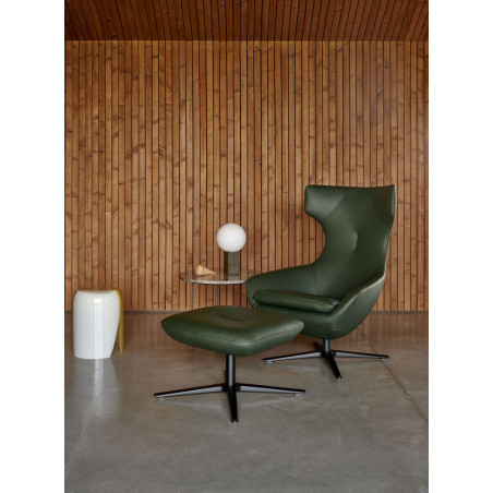 caruzzo Sessel leolux wohndesign berlin mit hocker dunkelgrün holzwand